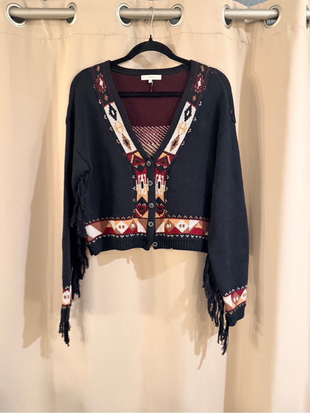 Fate Fringe Cardigan with Burgundy and Tan Accents